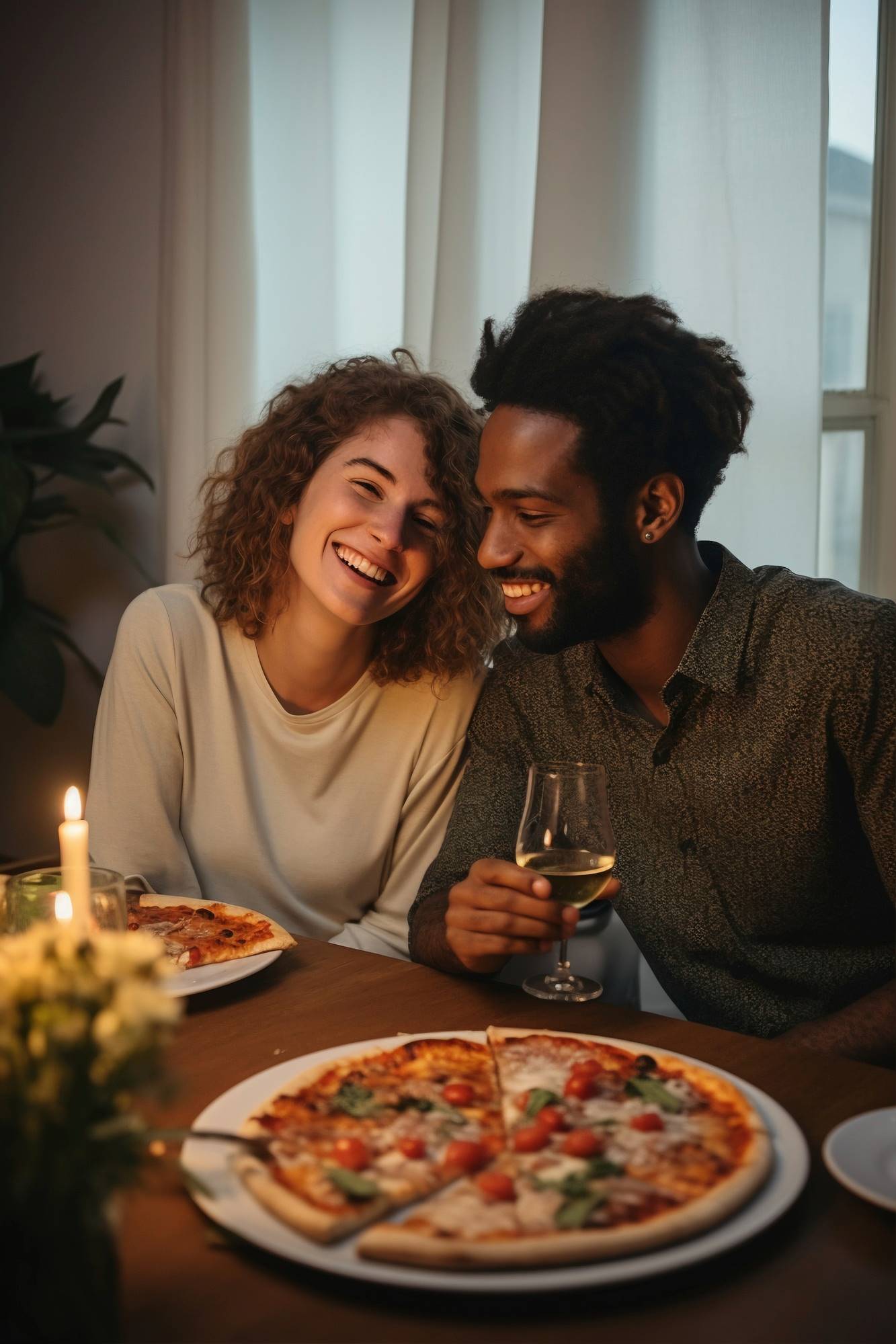 Imagem de um casal feliz comendo pizza em sua sala de estar durante o dia